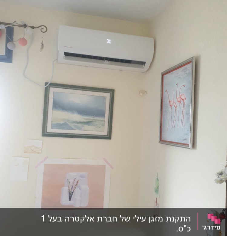 מזגן תלוי על קיר עם תצוגת טמפרטורה 30 מעלות
